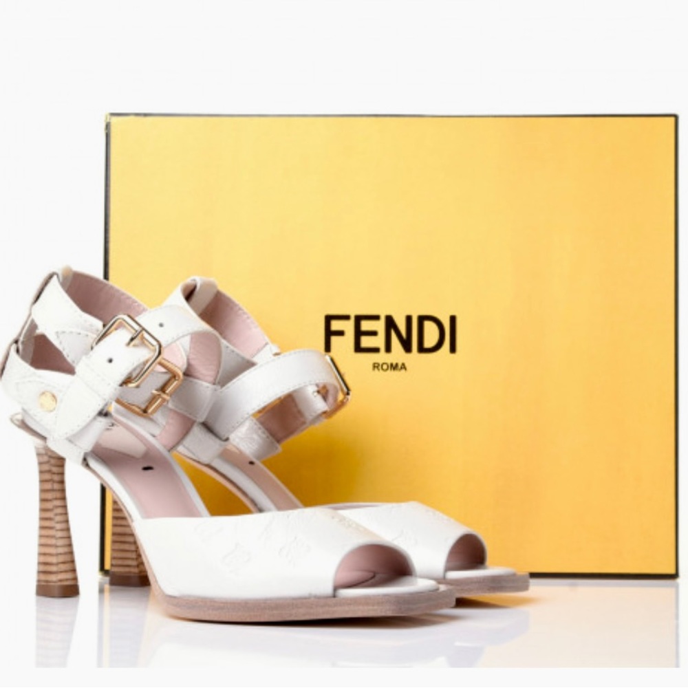 FENDI Vitello Karligraphy Embossed FFrame Ankle Strap Sandals 36 White